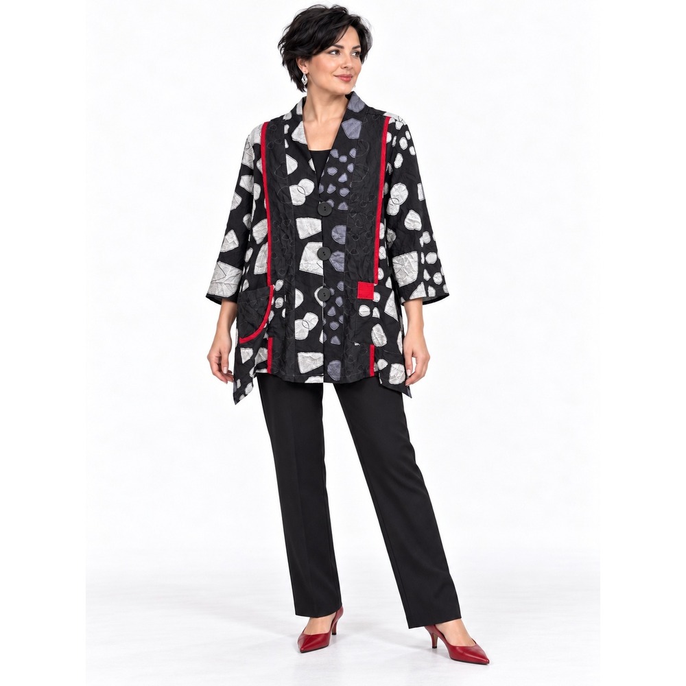 Ali Miles Jacket Large Black Red Abstract Geometric Button Front Art to Wear